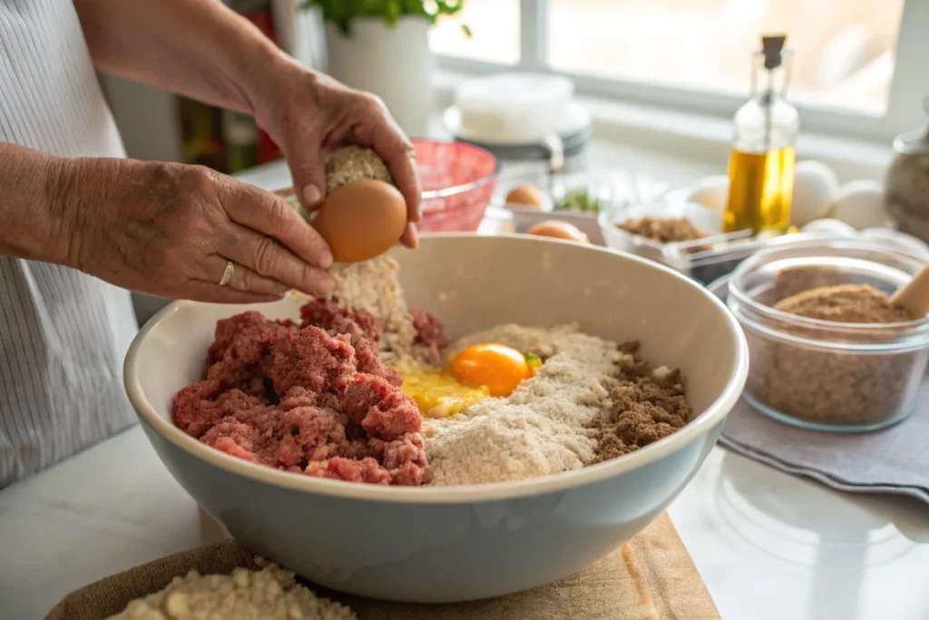 Hands mixing meatloaf ingredients in a bowl.