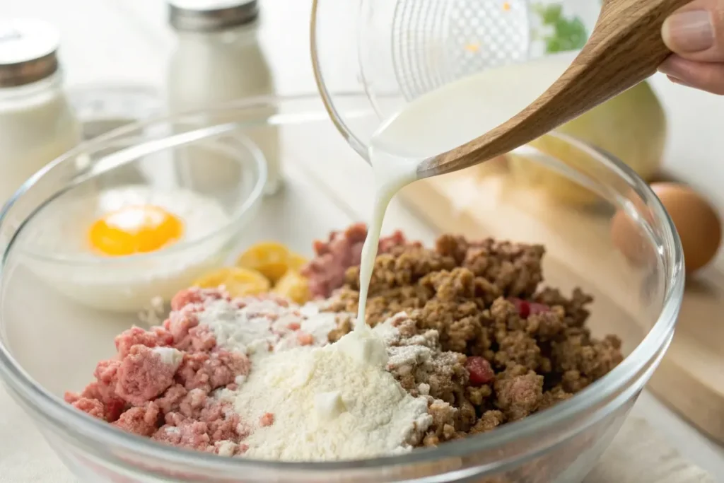 Ground meat being mixed with milk in a bowl.