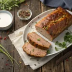 Sliced meatloaf with moist interior and milk on the side.