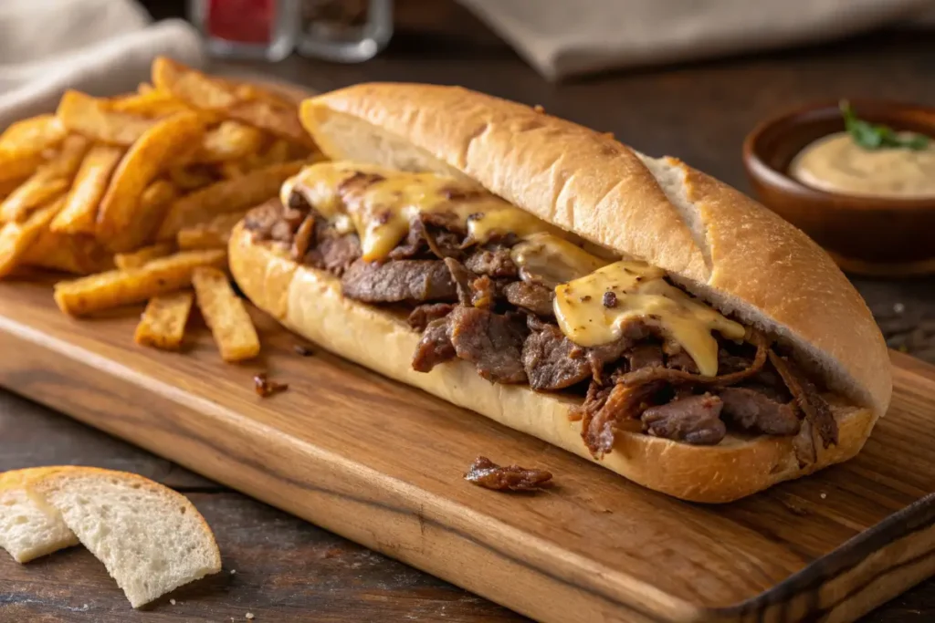 Close-up view of a delicious Philly cheesesteak