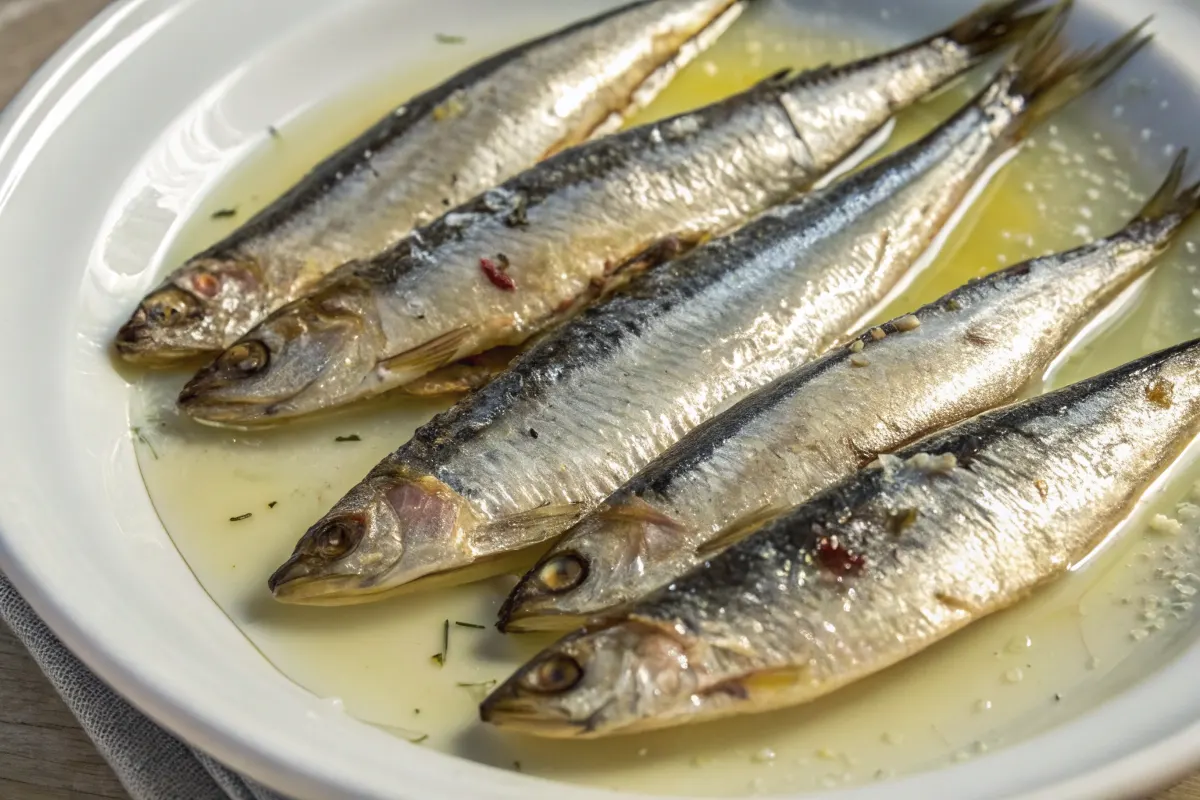 How do anchovies taste in this image showcasing them in oil.