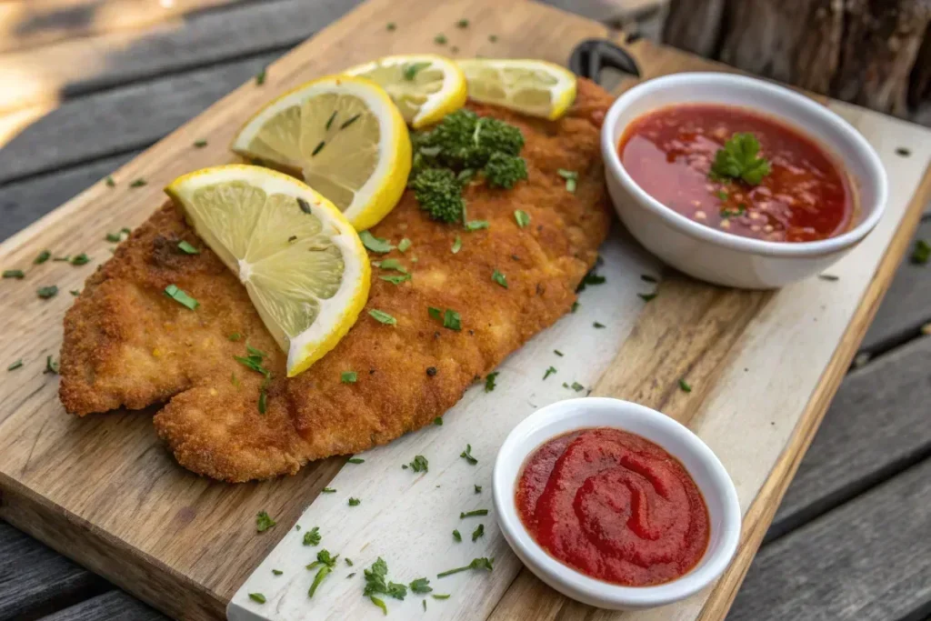 Golden brown Milanesa with lemon and dipping sauce