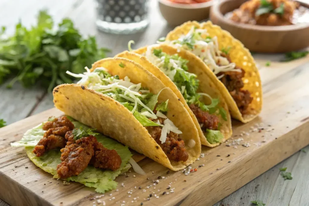 Crispy fried tacos filled with meat, lettuce, and cheese on a wooden board