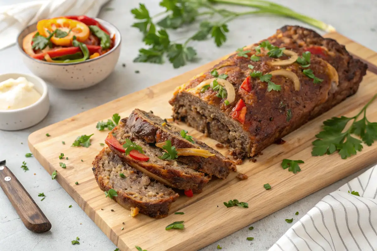 Delicious Philly cheesesteak meatloaf on a cutting board.