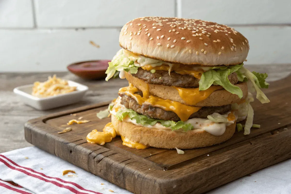 Homemade Poor Man's Big Mac on Wooden Board