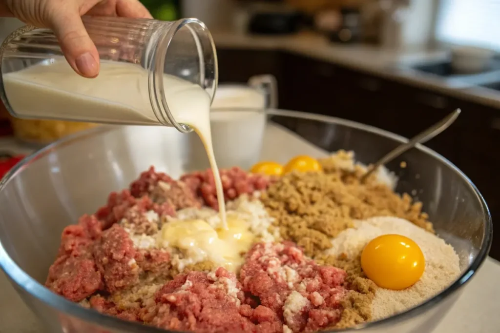  Mixing meatloaf ingredients in a bowl.