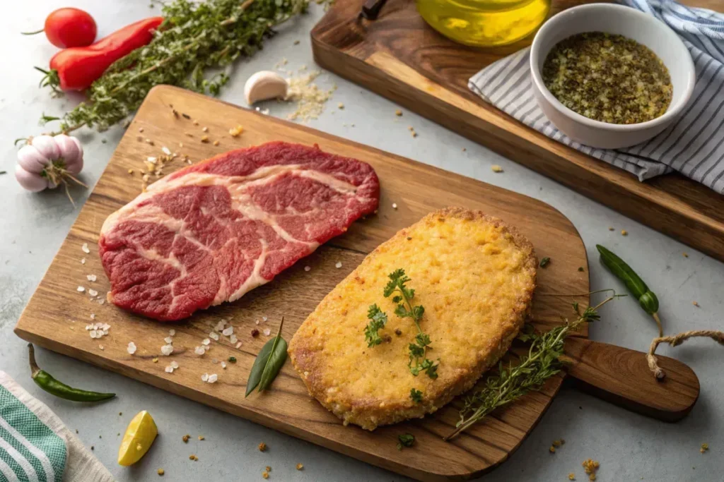 Raw flank steak and crispy Milanesa side by side on a wooden board.