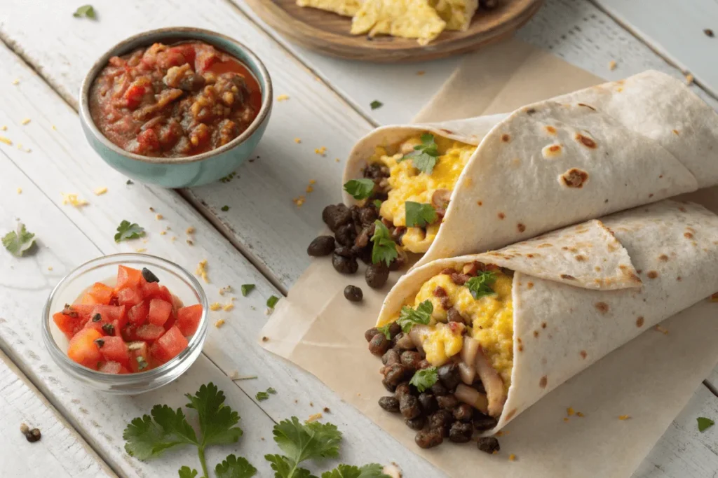 Inside view of a regular burrito showing seasoned meat, rice, and beans.