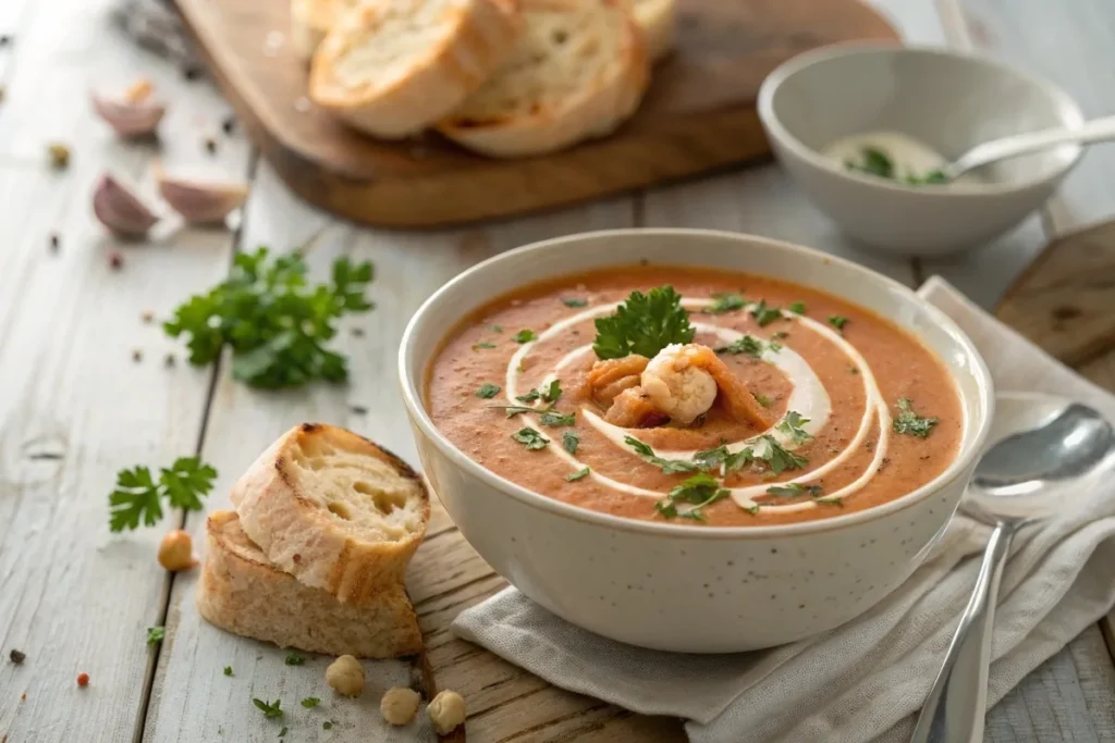 Creamy seafood bisque with parsley and cream swirl