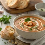 Creamy seafood bisque with parsley and cream swirl