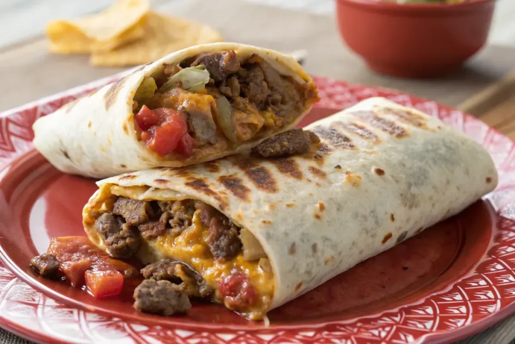 Close-up view of a beefy melt burrito showing its filling