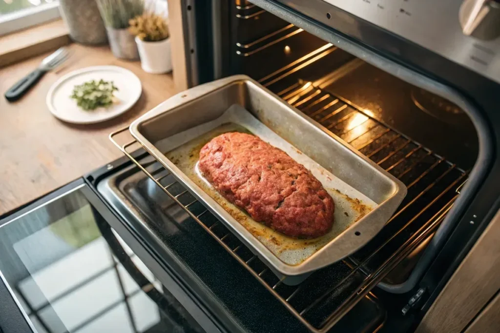 Meatloaf baking on a sheet pan in the oven.