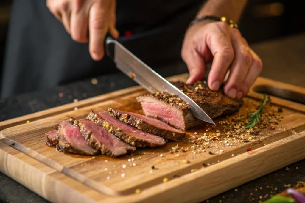 Chef slicing flank steak against the grain.