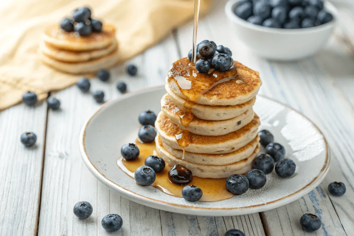 Stack of small pancakes with maple syrup and blueberries