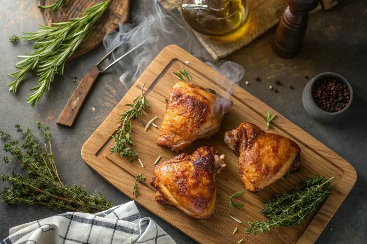 Perfectly smoked chicken thighs on a wooden board.