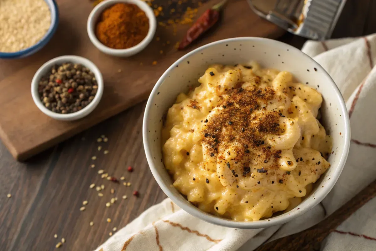 Creamy mac and cheese with various spices sprinkled on top