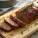 Juicy meatloaf on a wooden cutting board, showcasing moist texture.