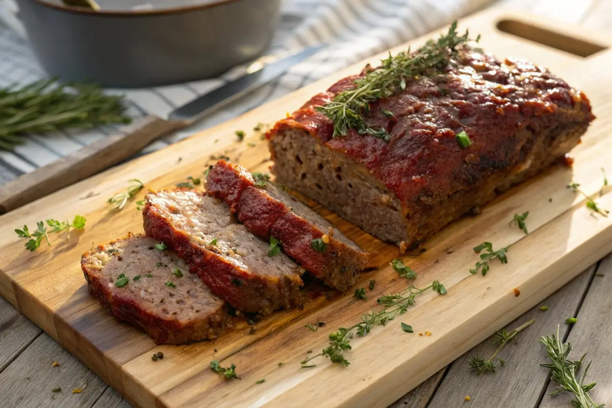 Juicy meatloaf on a wooden cutting board, showcasing moist texture.