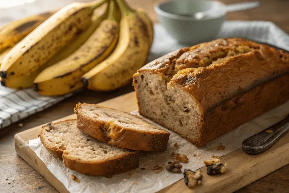 Close-up of a sliced, brown-spotted banana next to a slice of golden-brown banana bread, emphasizing ripeness and the result of baking.