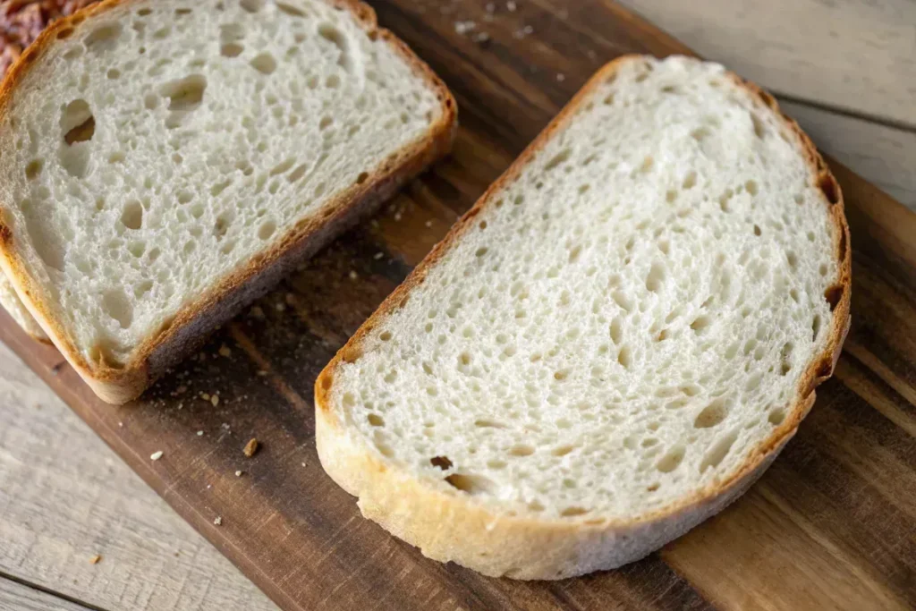 Close up of white bread and artisan sourdough bread slices on a wooden board