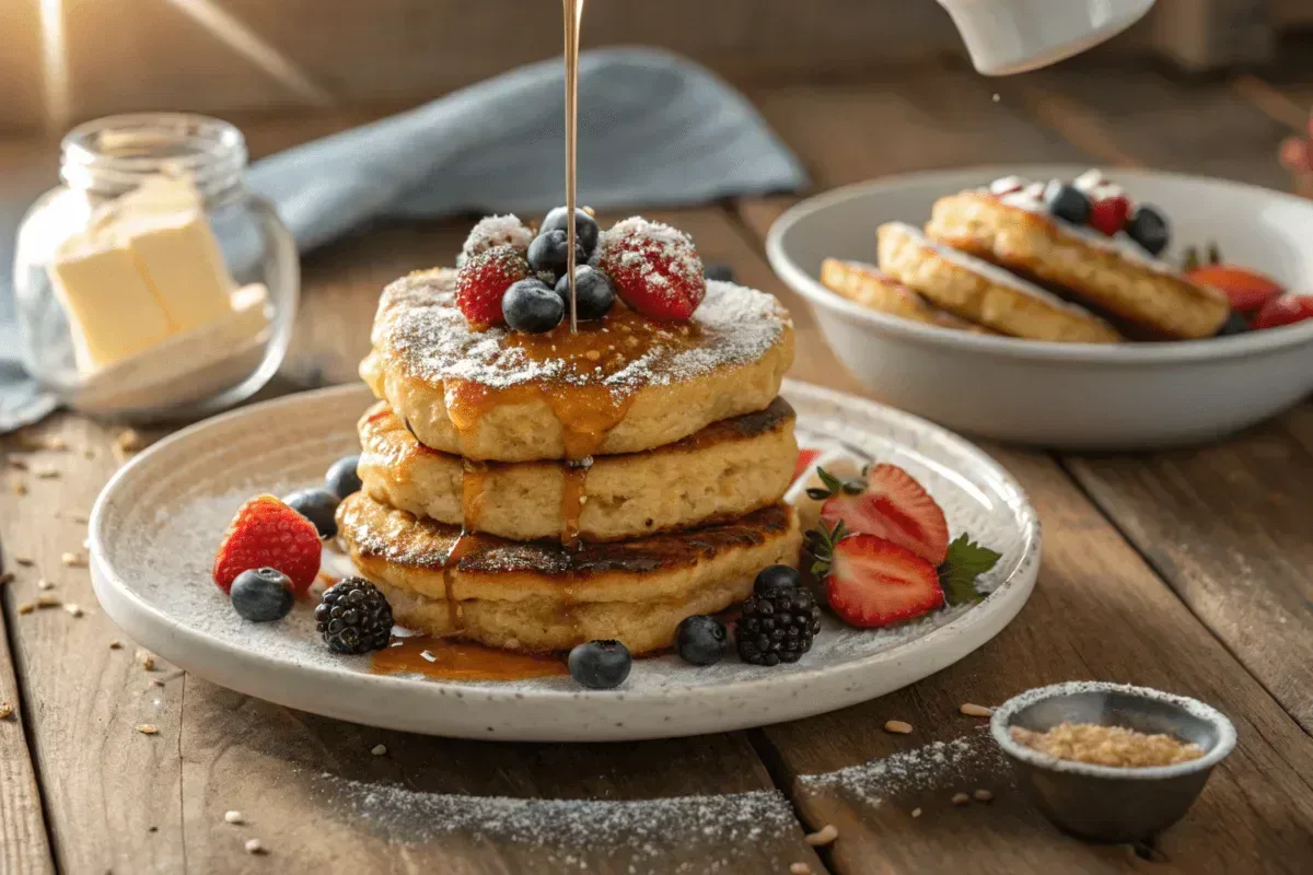 Stack of French toast pancakes drizzled with syrup and topped with berries.