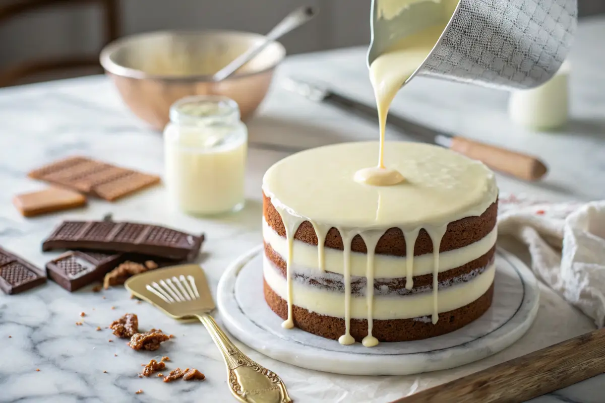 White chocolate ganache poured on a cake