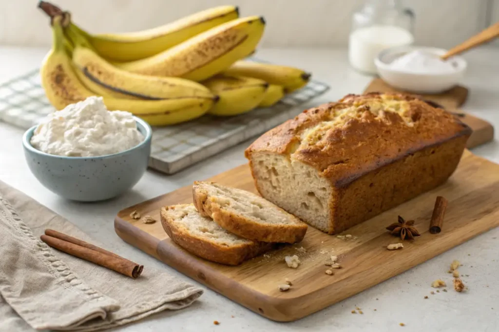 Freshly baked cottage cheese banana bread with ripe bananas and cottage cheese