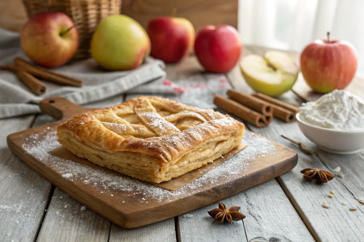 Freshly baked apple puff pastry with apples and cinnamon.