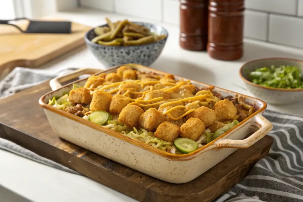 Big Mac Casserole topped with crispy tater tots and fresh garnishes.