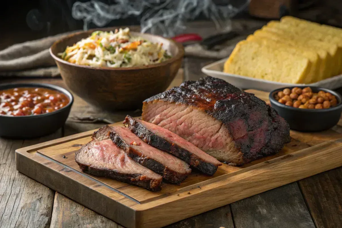 Smoked Chuck Roast with BBQ Sides on Wooden Board