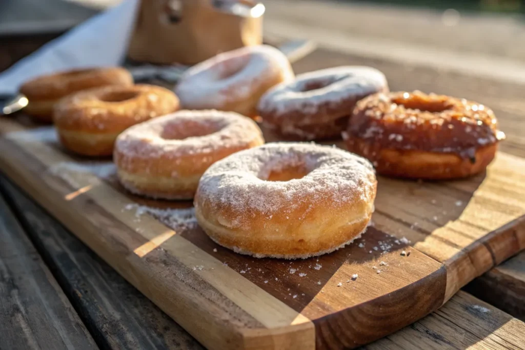 Freshly Baked Amish Doughnuts on a Wooden Board