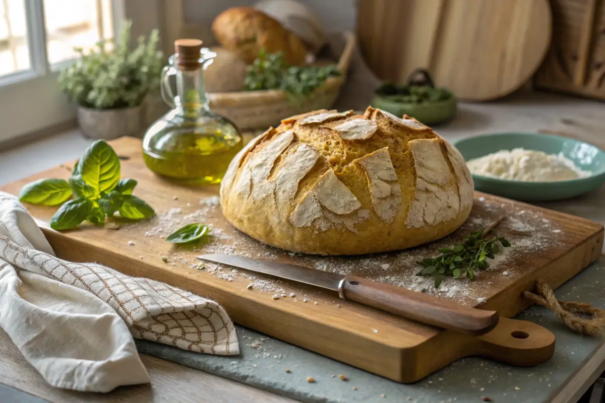 Rustic kitchen with a fresh loaf of artisan Italian bread.