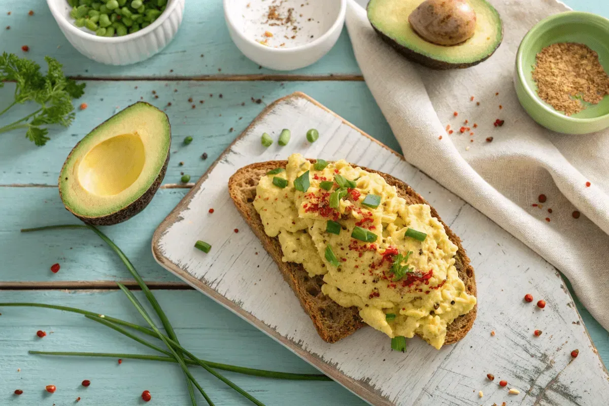 Avocado scrambled eggs on toast with chives and red pepper flakes.