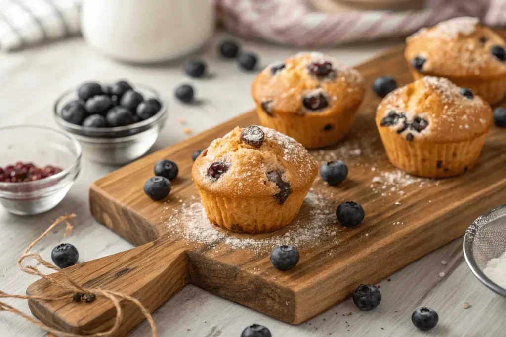 Freshly baked blueberry muffins on a wooden board.