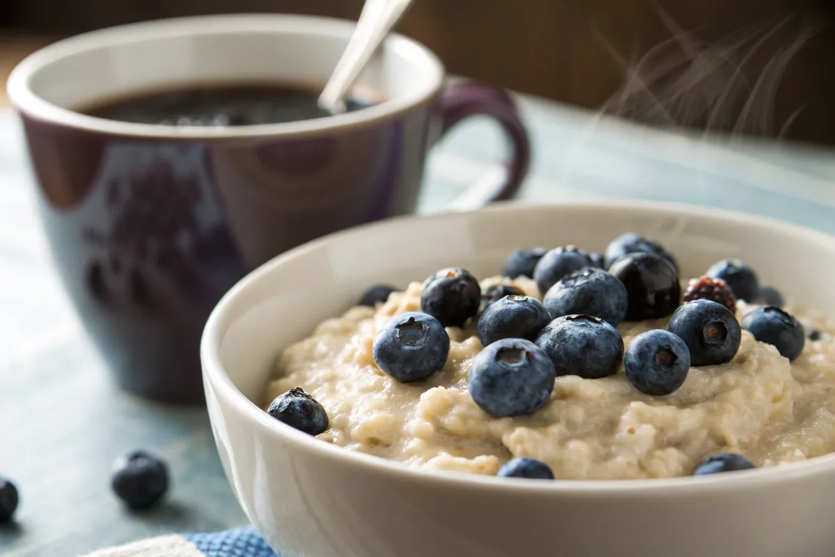 Delicious bowl of blueberry oatmeal and coffee.