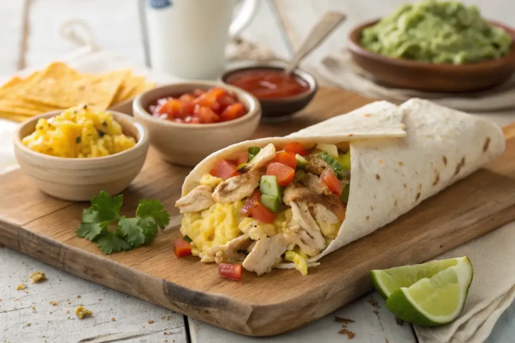 Delicious Chicken Breakfast Burrito with eggs, cheese, and avocado