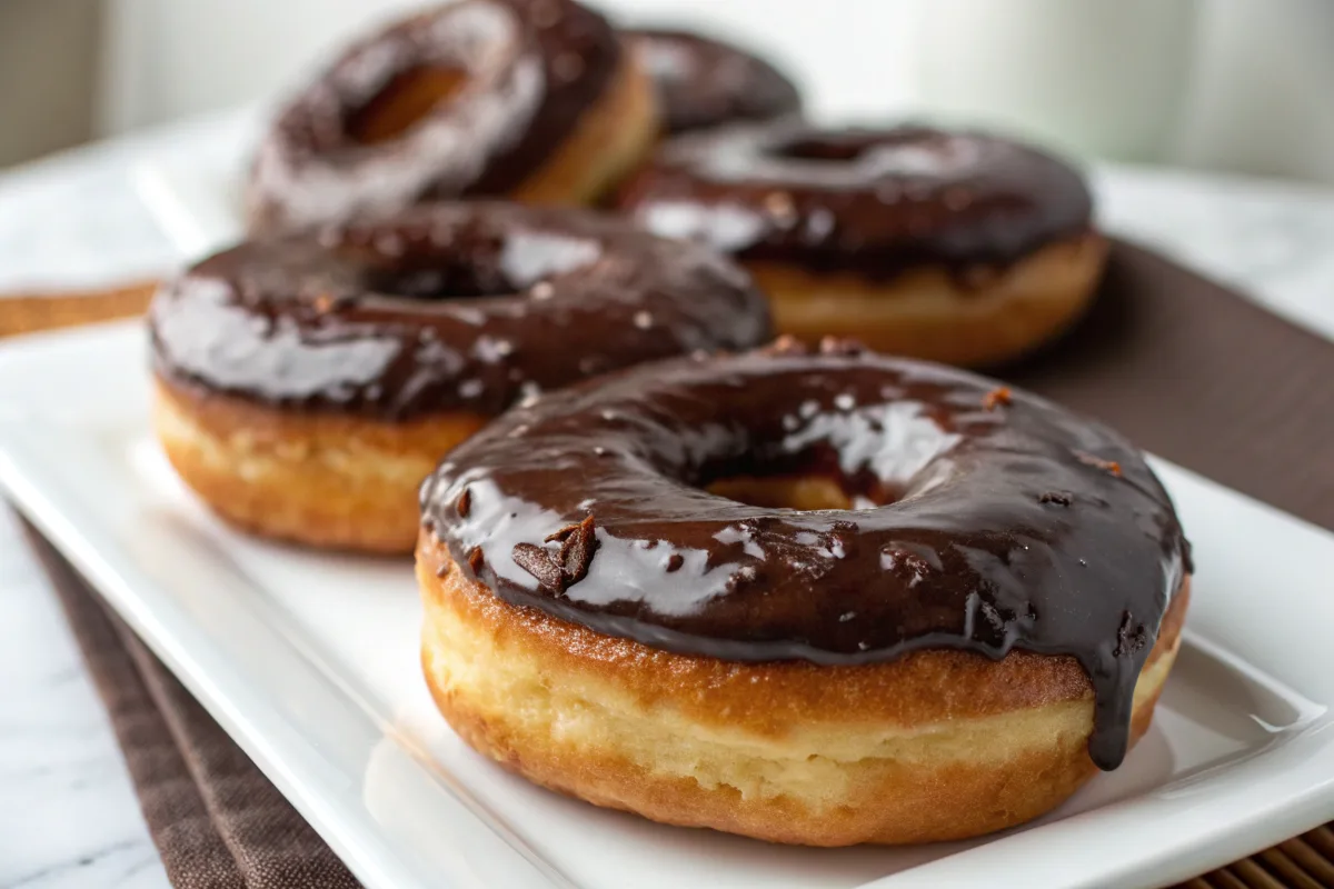 Delicious chocolate glazed donuts on a plate