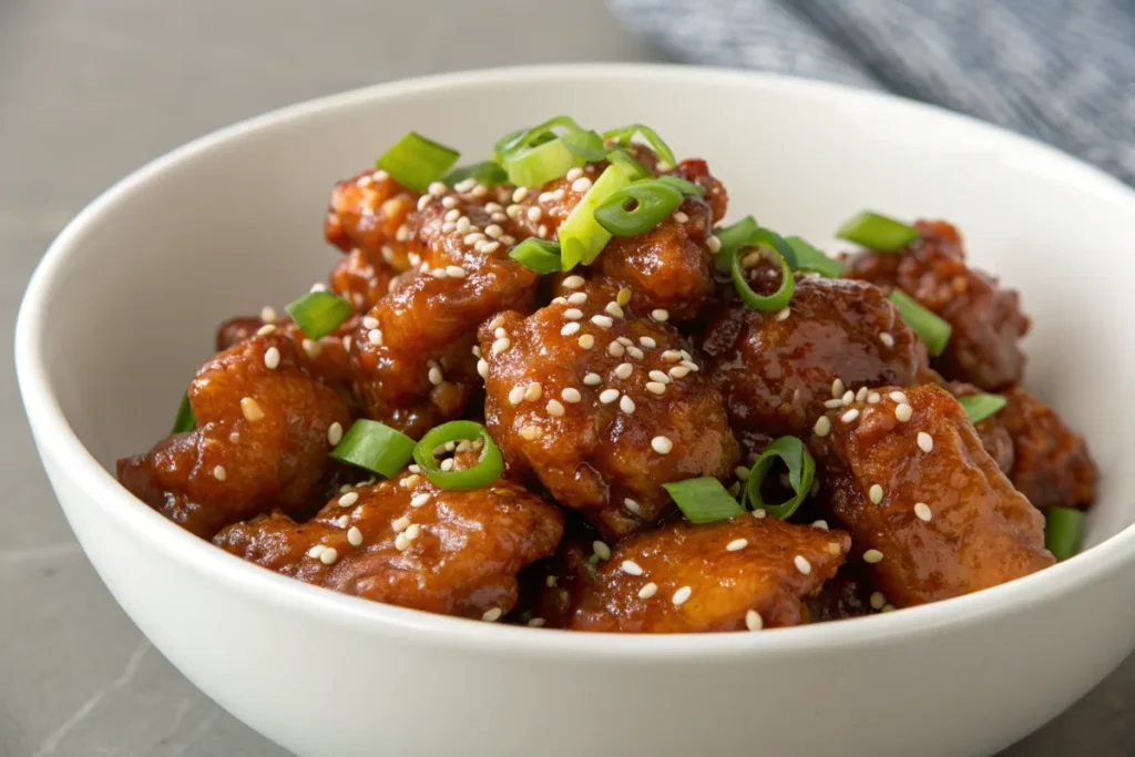 Delicious honey pepper chicken dish with sesame seeds.