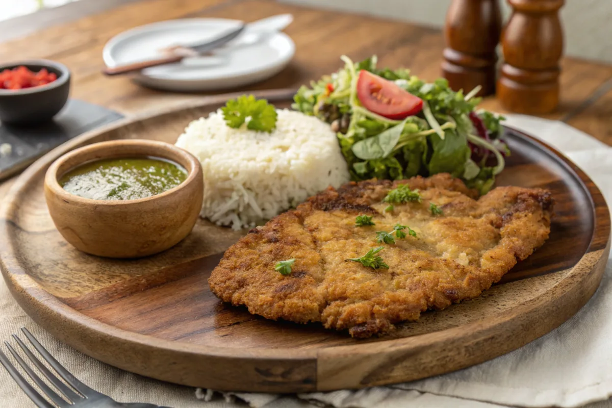 Crispy Milanesa steak with sides of salad and rice.