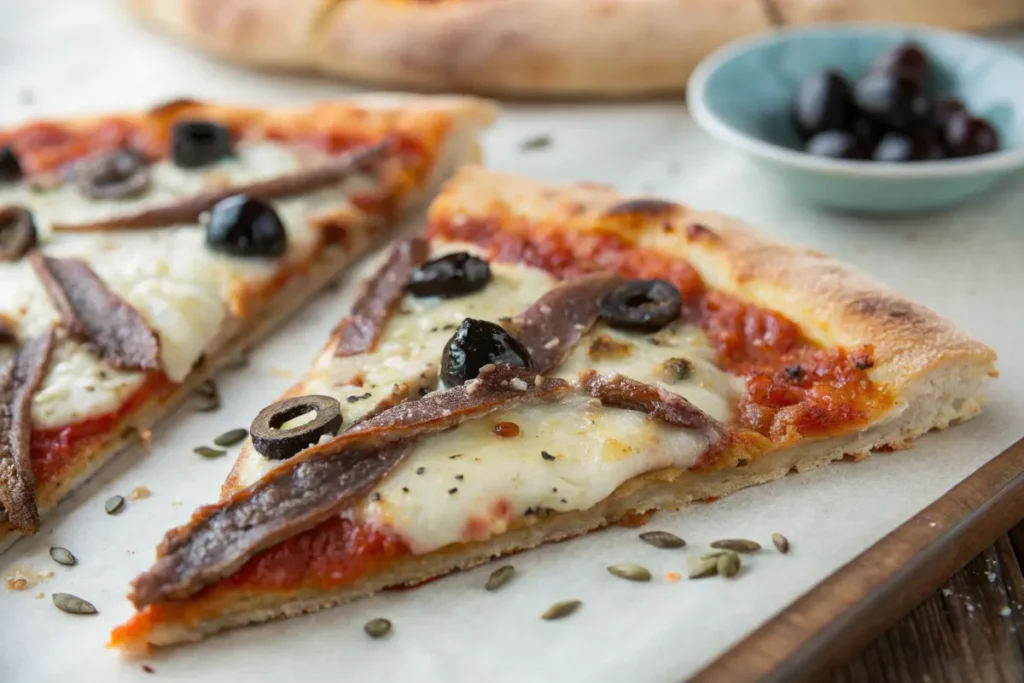 Close-up of pizza slice with anchovies and olives