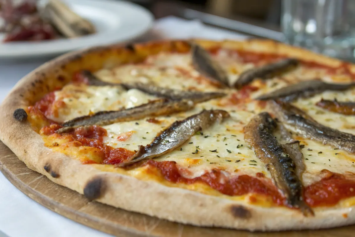 Close up of a pizza with anchovies, highlighting why did people start putting anchovies on pizza.