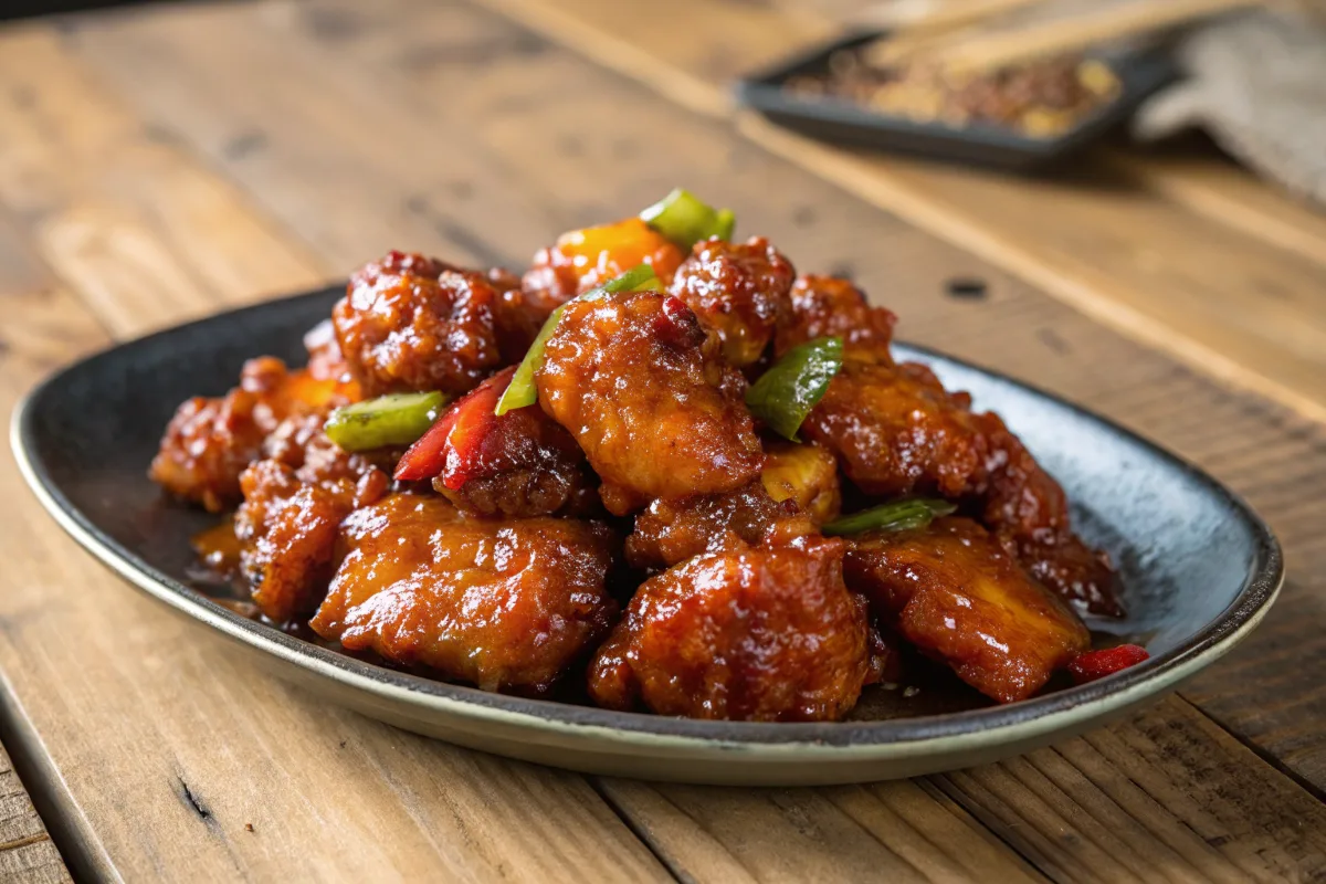 Honey pepper chicken closeup, showcasing its glossy glaze.