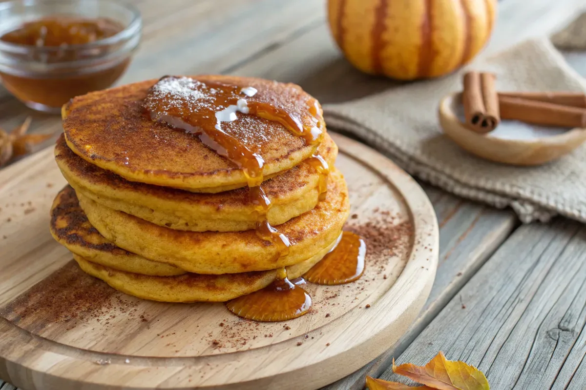 Stack of fluffy pumpkin pancakes with syrup.