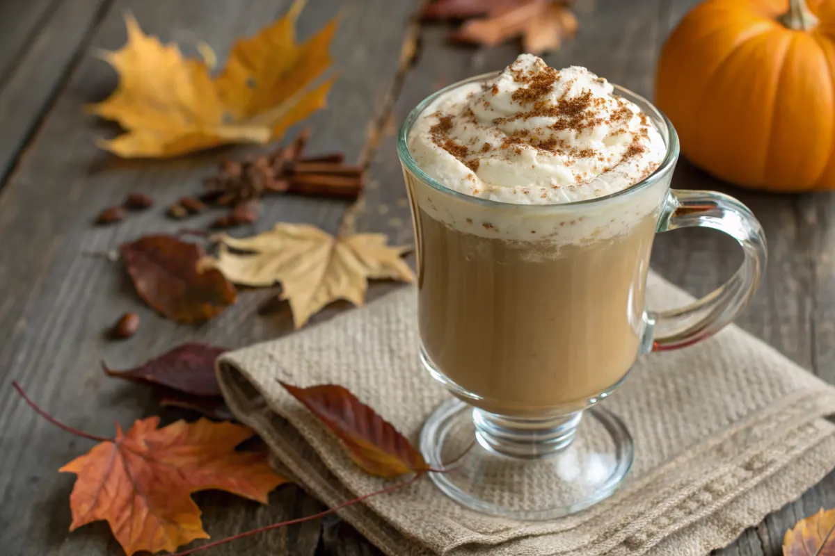 Pumpkin spice latte in a glass mug with whipped cream and spices.